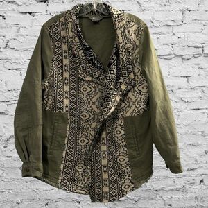 Natural Reflections Womens L Olive Green Jacket Aztec Trim Wrap Open Front